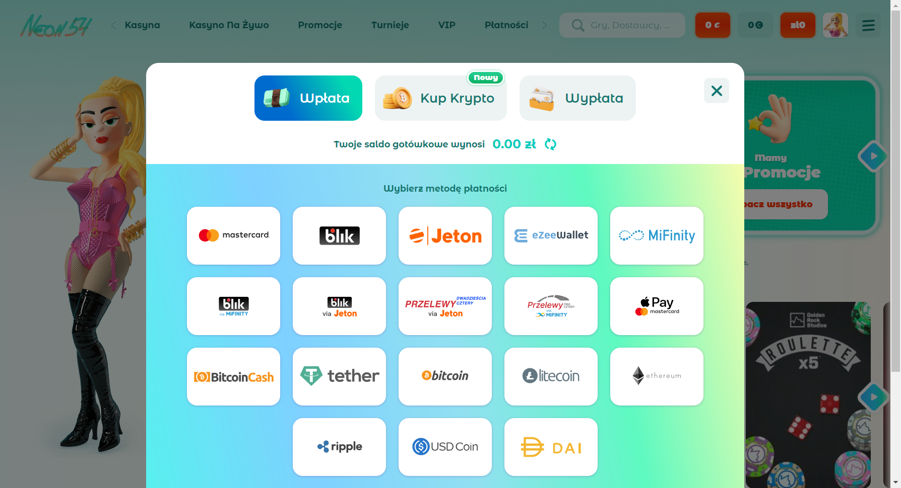 Neon54 Kasyno Metody wpłat