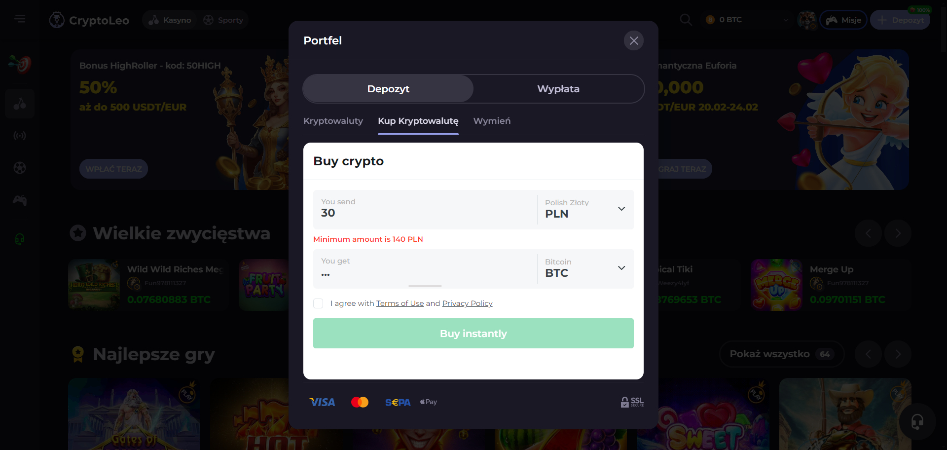 CryptoLeo Kasyno Kup kryptowalutę
