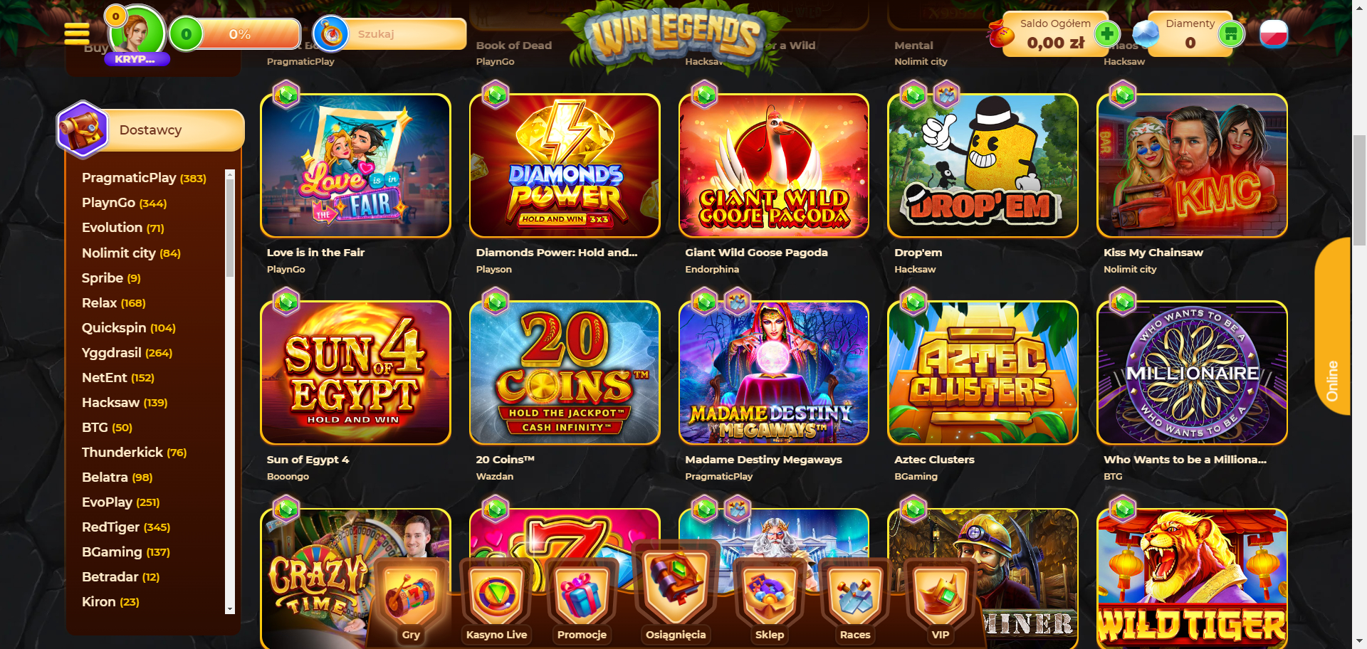 WinLegends Kasyno Dostawcy gier