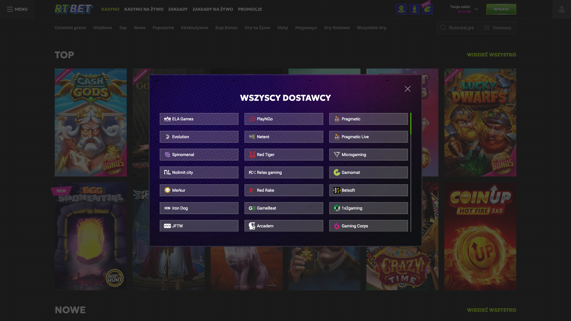 RTBet Casino Dostawcy gier