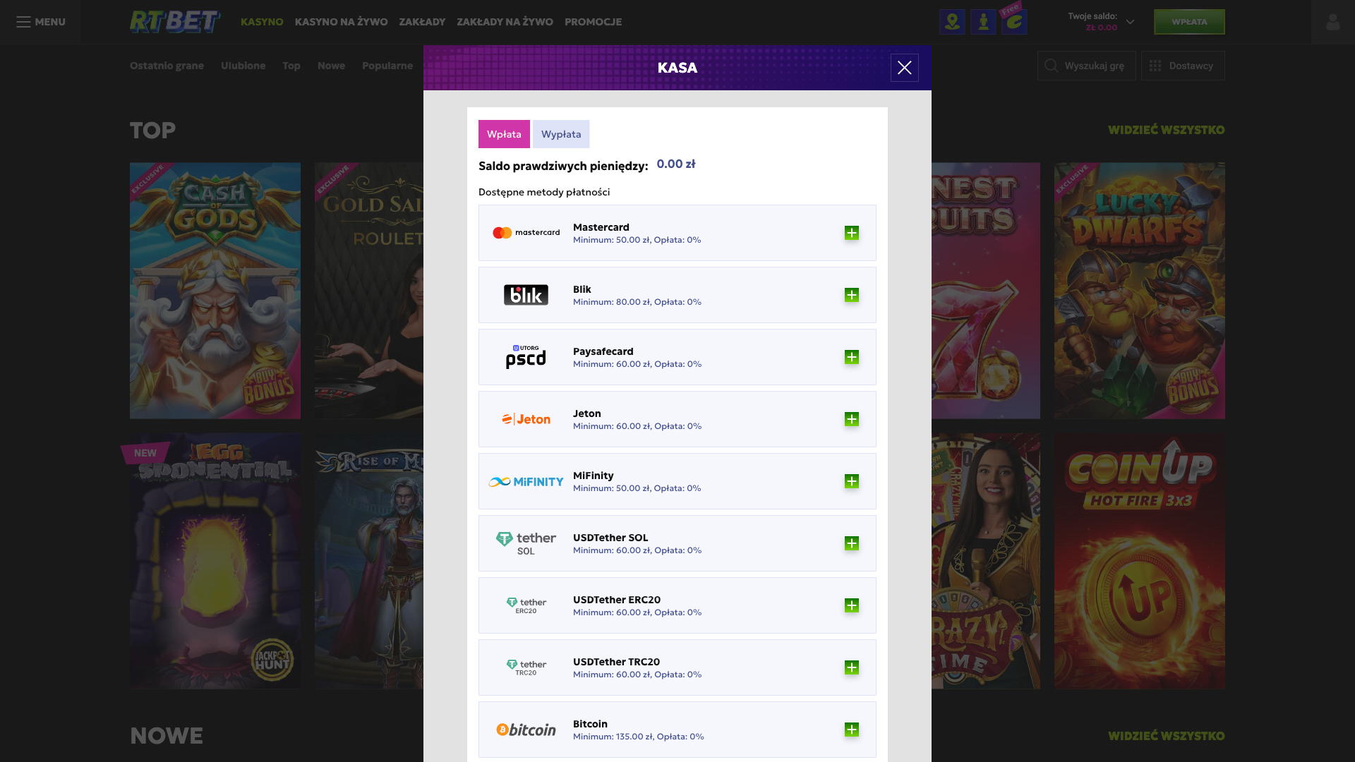 RTBet Casino Metody depozytu