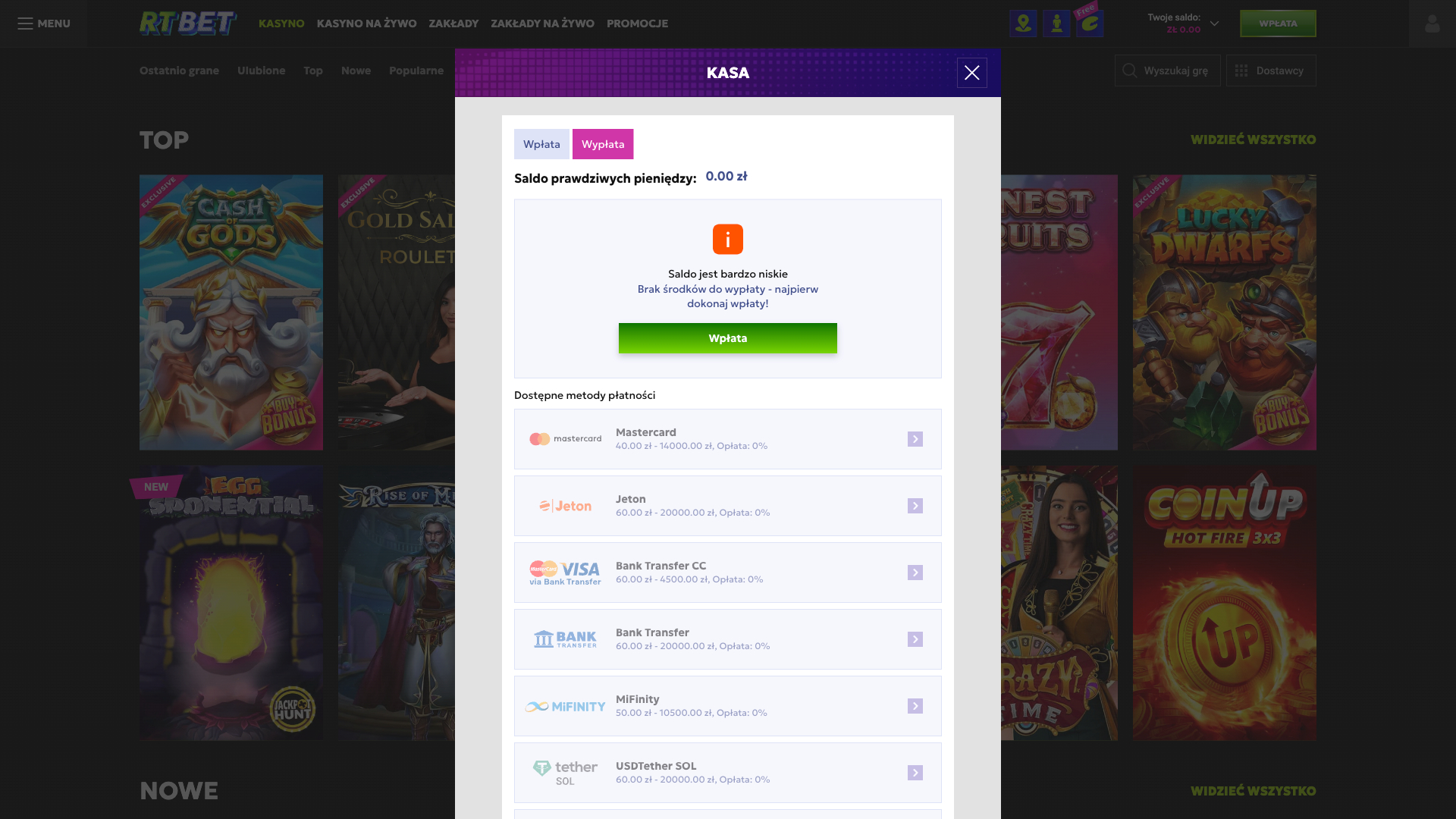 RTBet Casino Metody wypłat