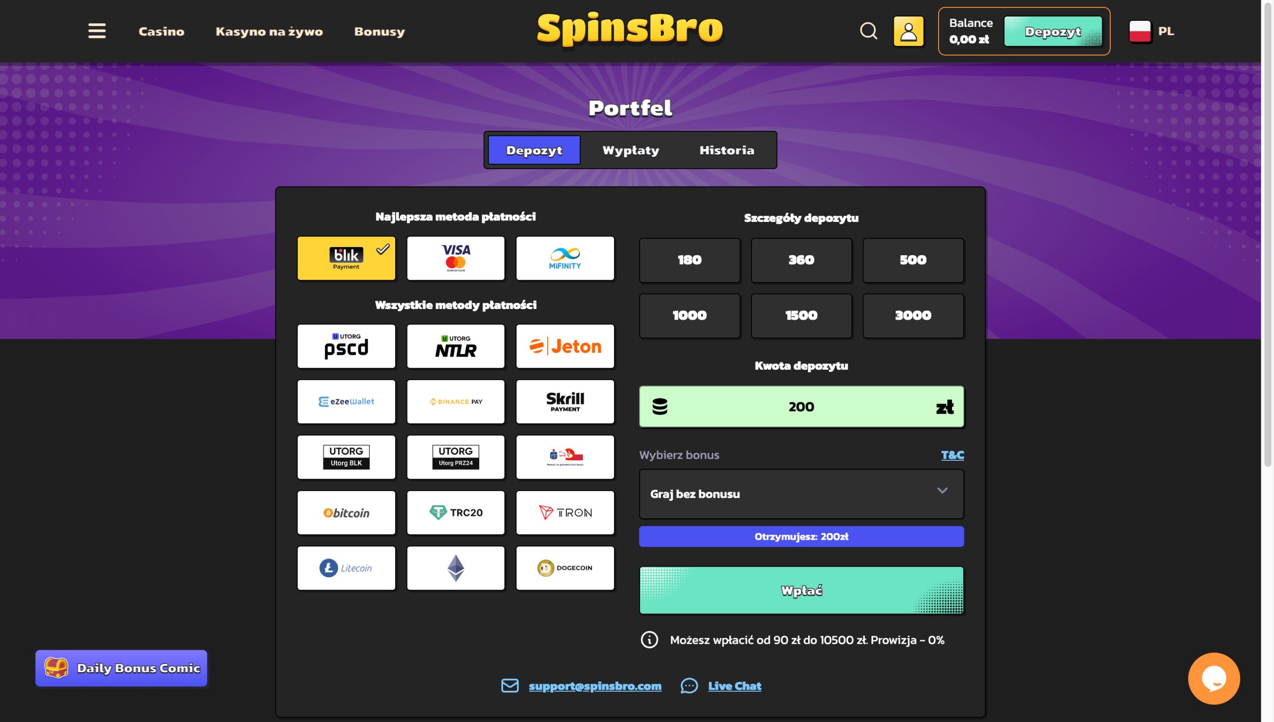 Spinsbro Casino Metody depozytu