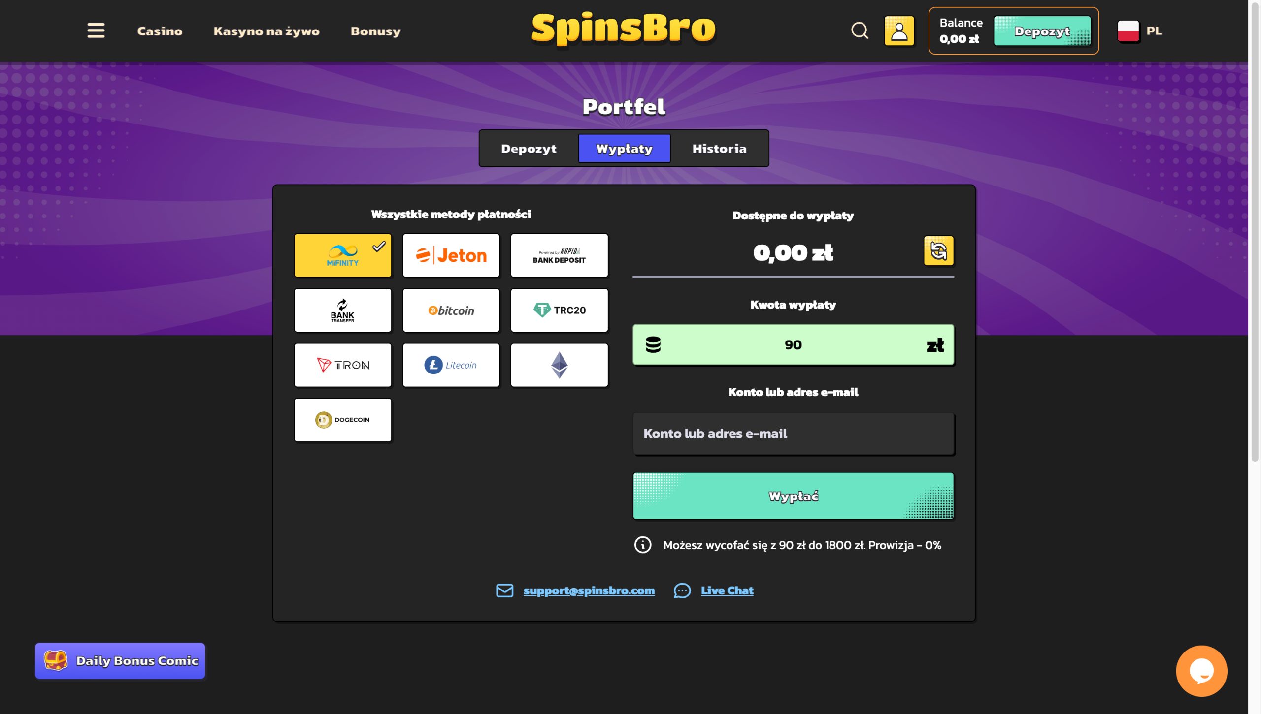 Spinsbro Casino Metody wypłaty