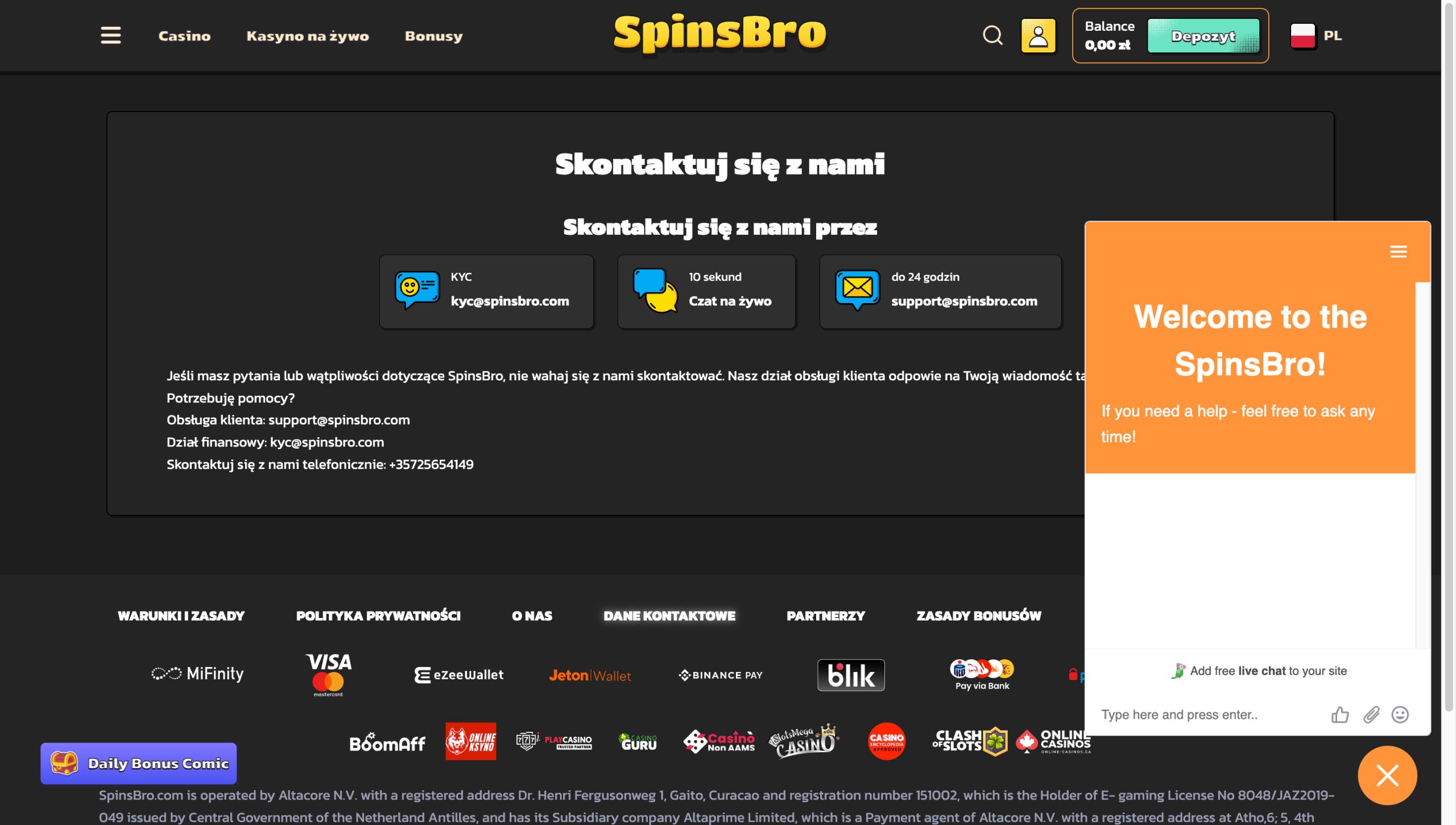 Spinsbro Casino Obsługa klienta