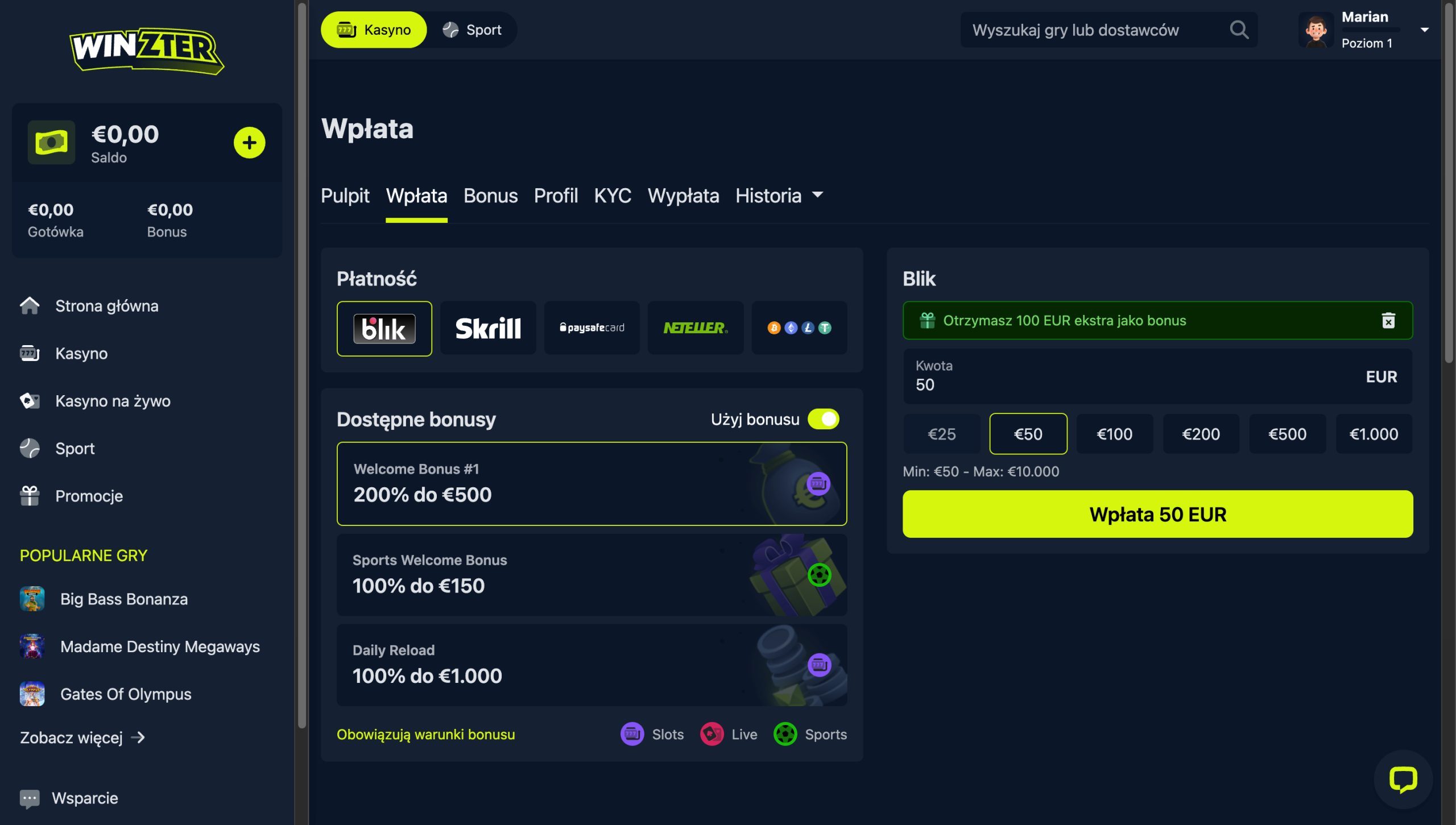 Winzter Casino Metody depozytu