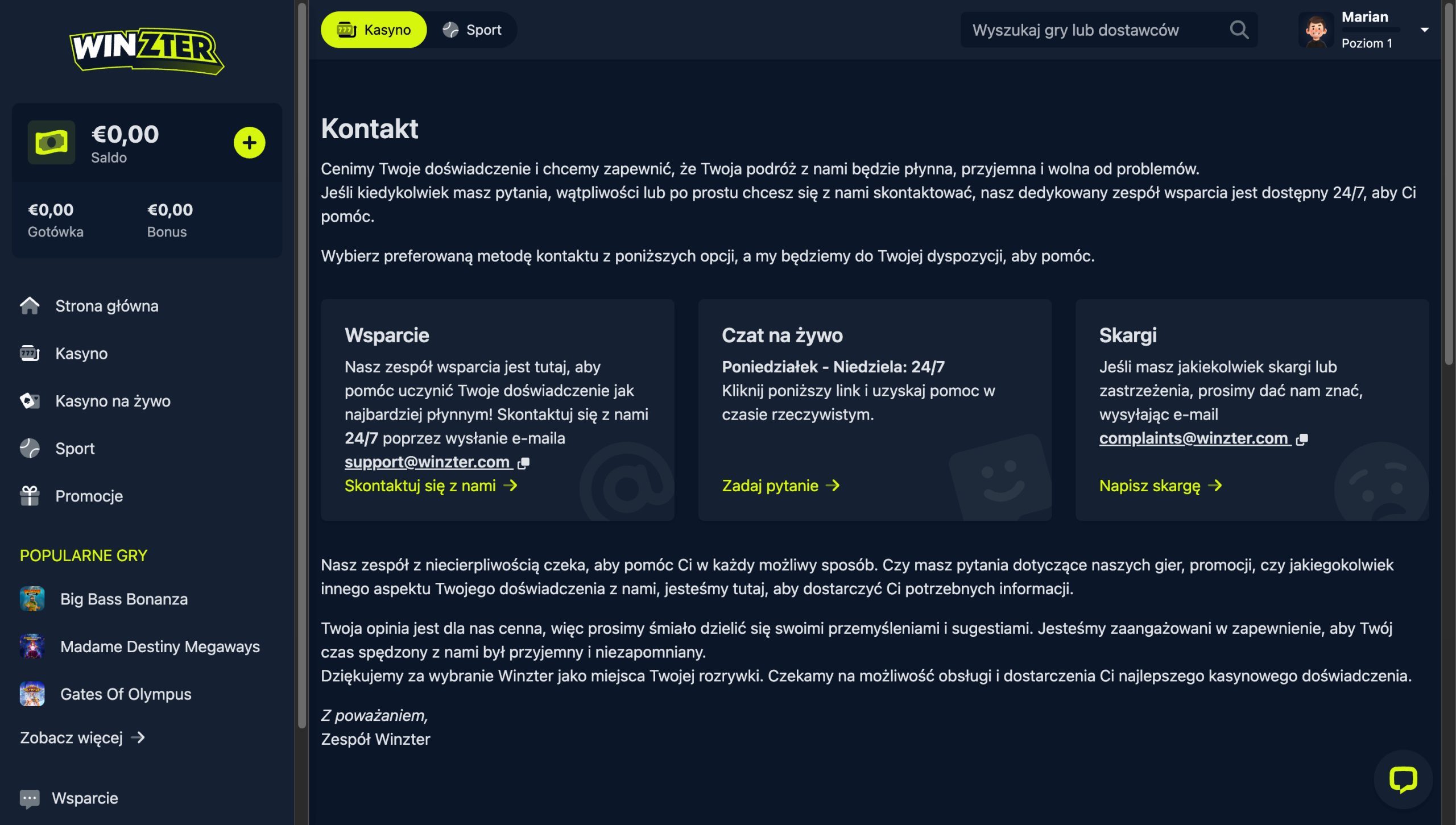 Winzter Casino Obsługa klienta