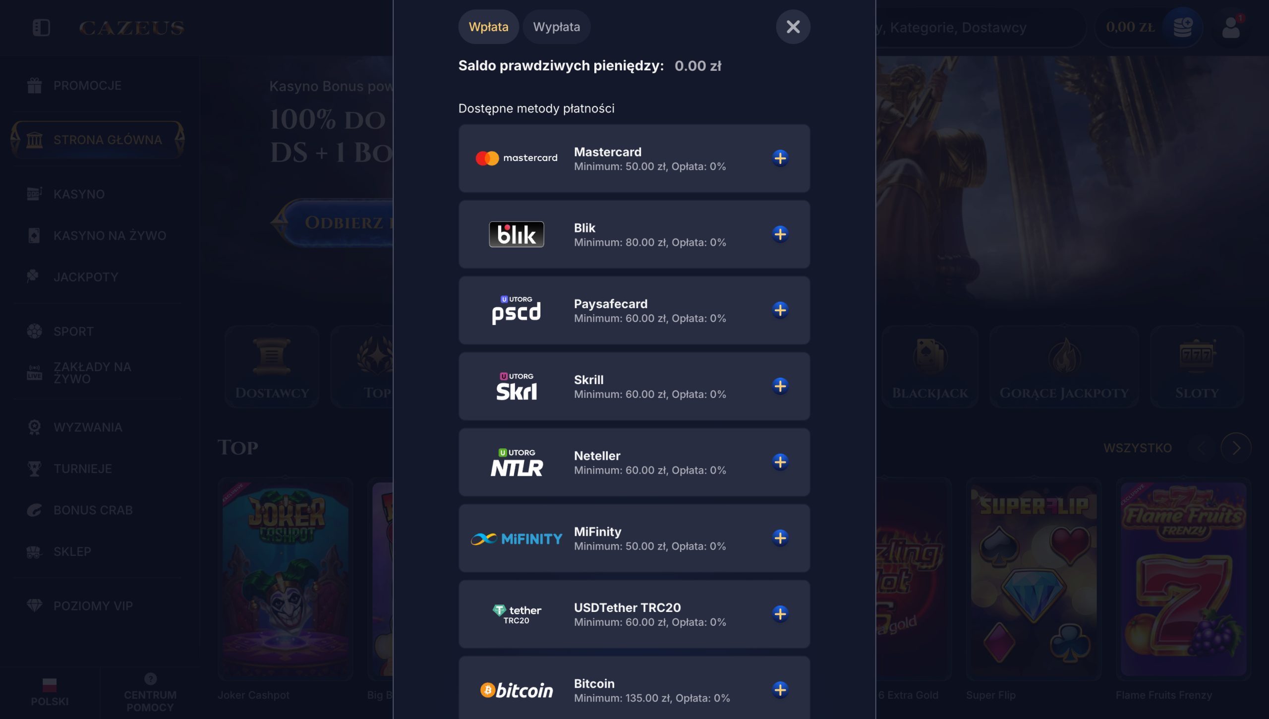 Cazeus Casino Metody depozytu