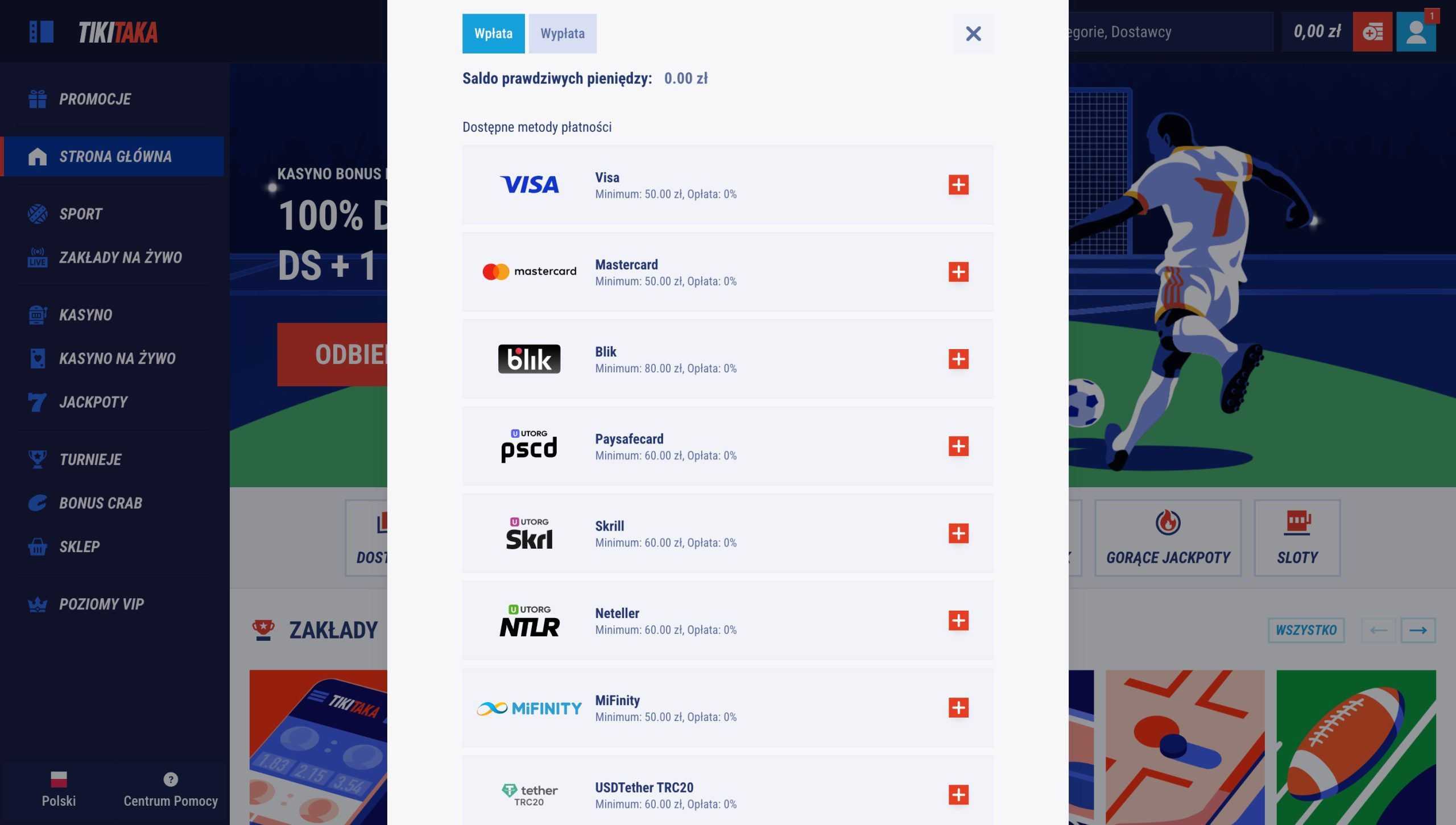 TikiTaka Casino Metody depozytu