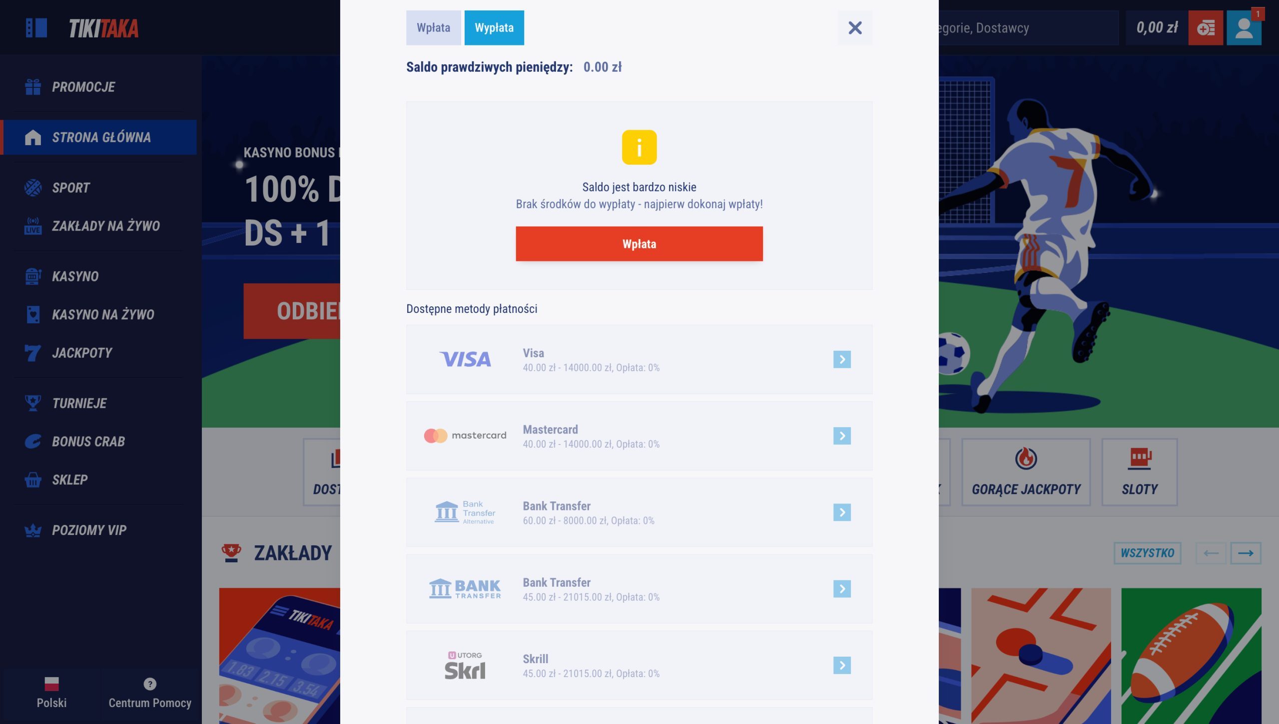 TikiTaka Casino Metody wypłaty
